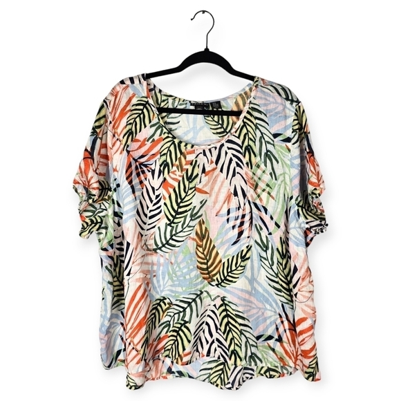 Tahari Floral Palm Dolman Sleeve 100% Linen Plus Size Tropical Top - Picture 1 of 6